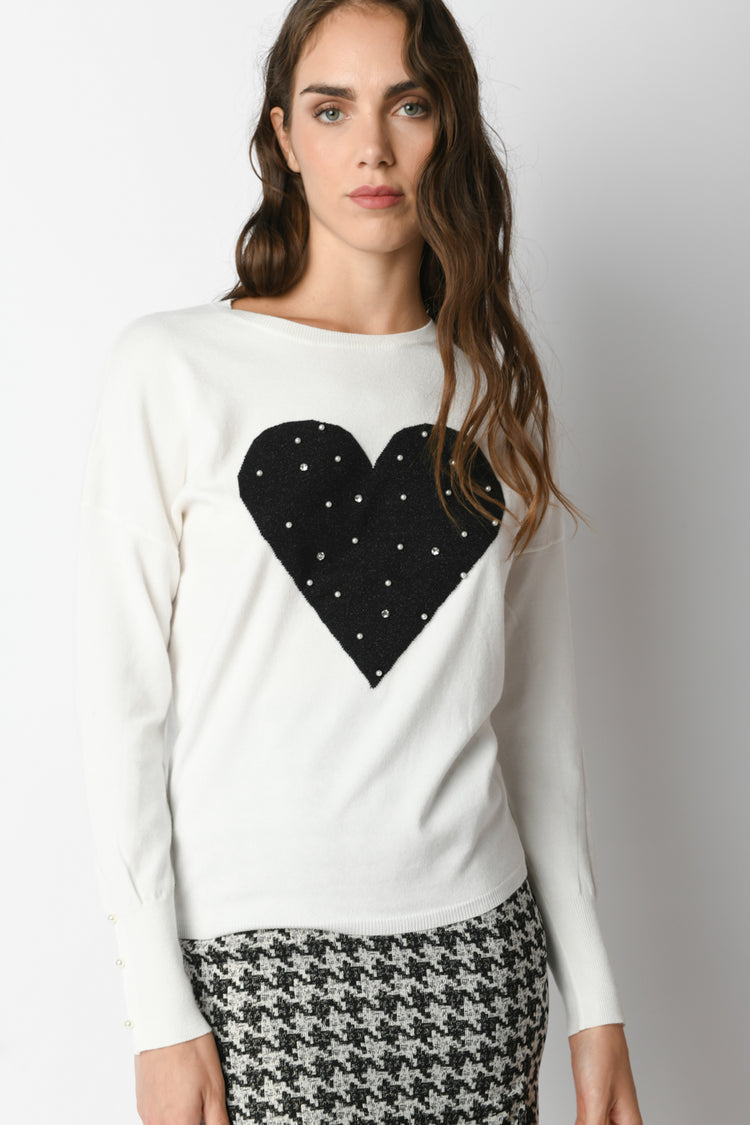 Pull con cuore, perle e strass