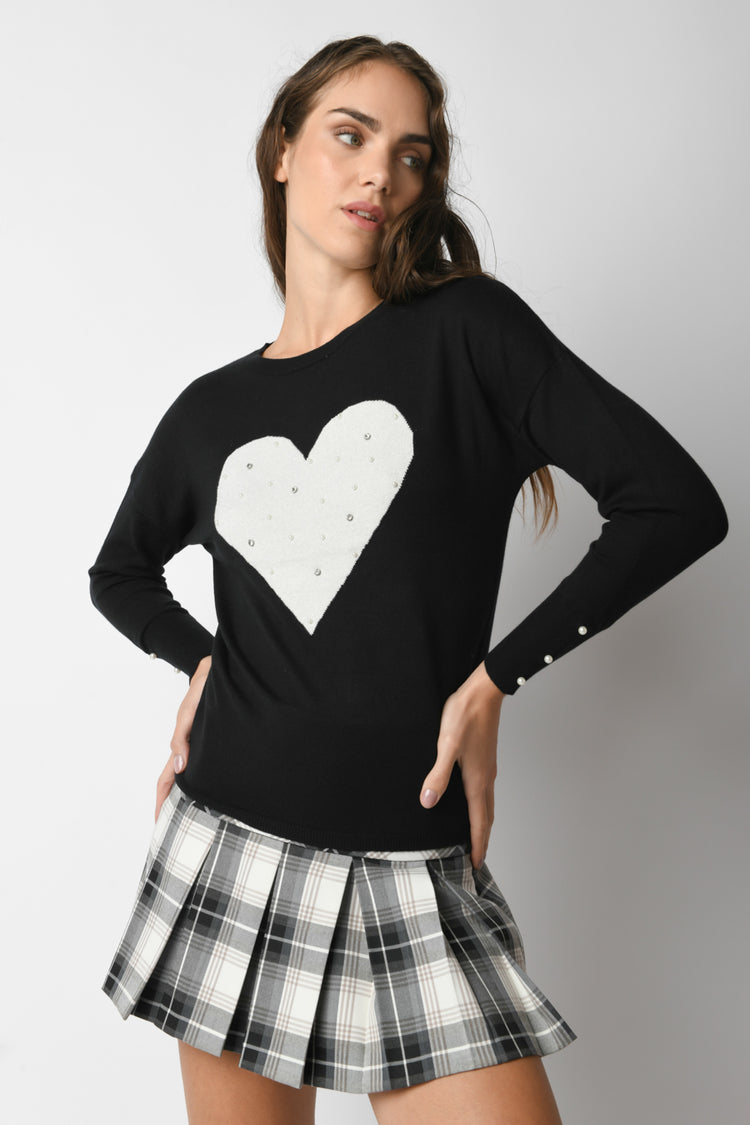 Pull con cuore, perle e strass