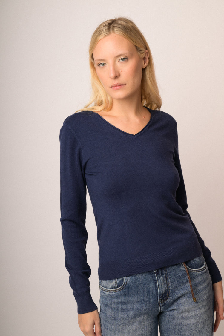 Pull basic con scollo a V blu