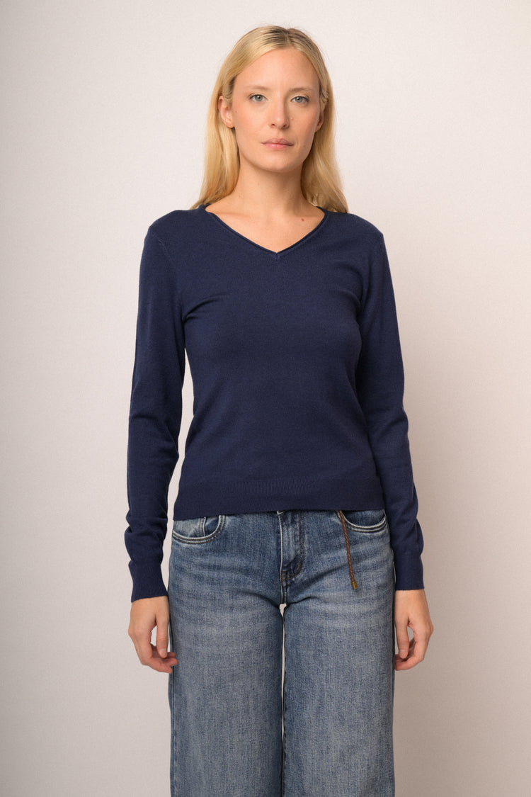 Pull basic con scollo a V blu