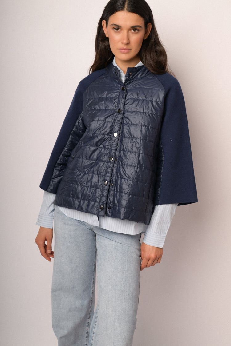 Giacca bimateriale in nylon e maglia blu navy