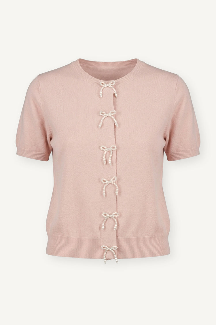 Cardigan rosa a maniche corte con fiocchi di perline