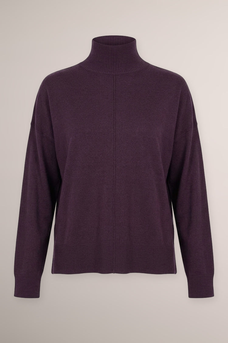 Maglia viola a lupetto con cucitura centrale