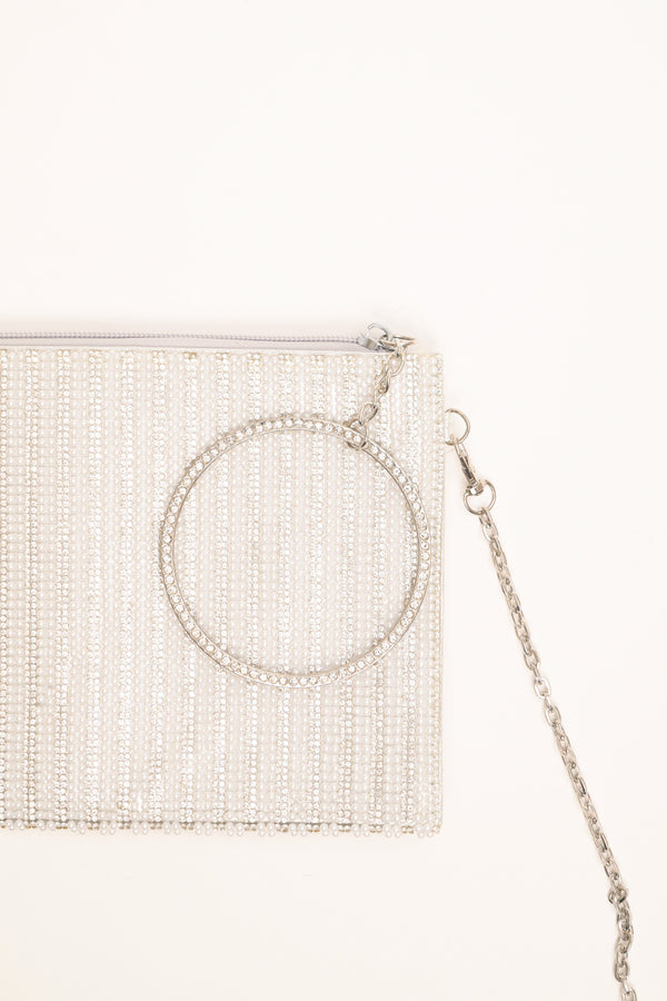 Pochette a righe strass argento con manico a cerchio