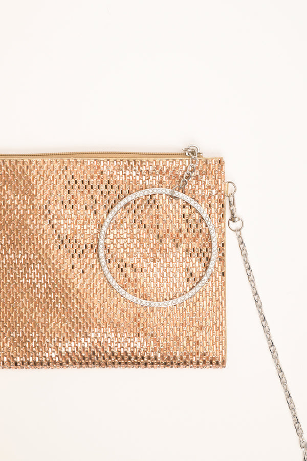 Pochette in strass oro con manico a cerchio