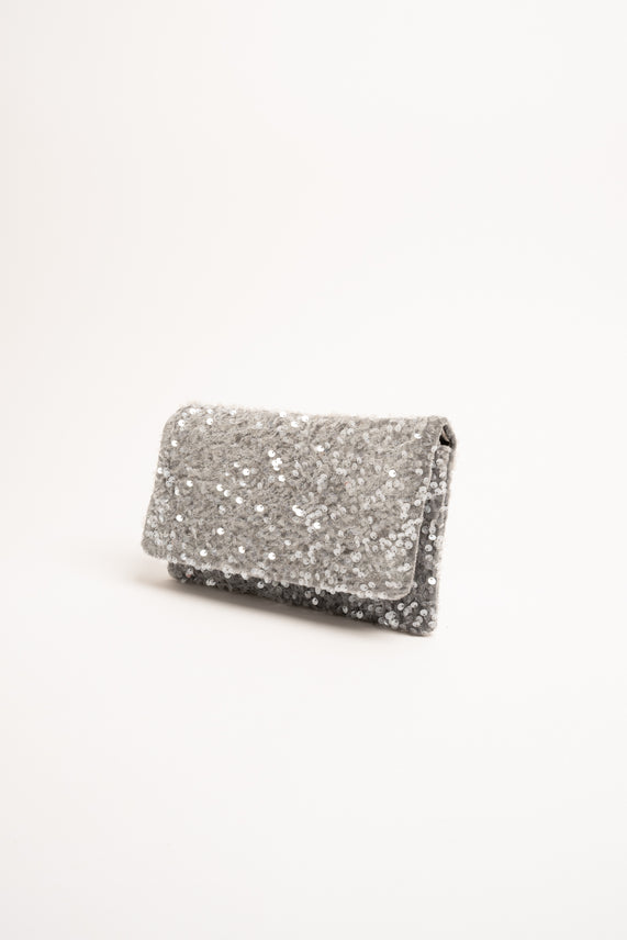 Pochette argento con paillettes e patta