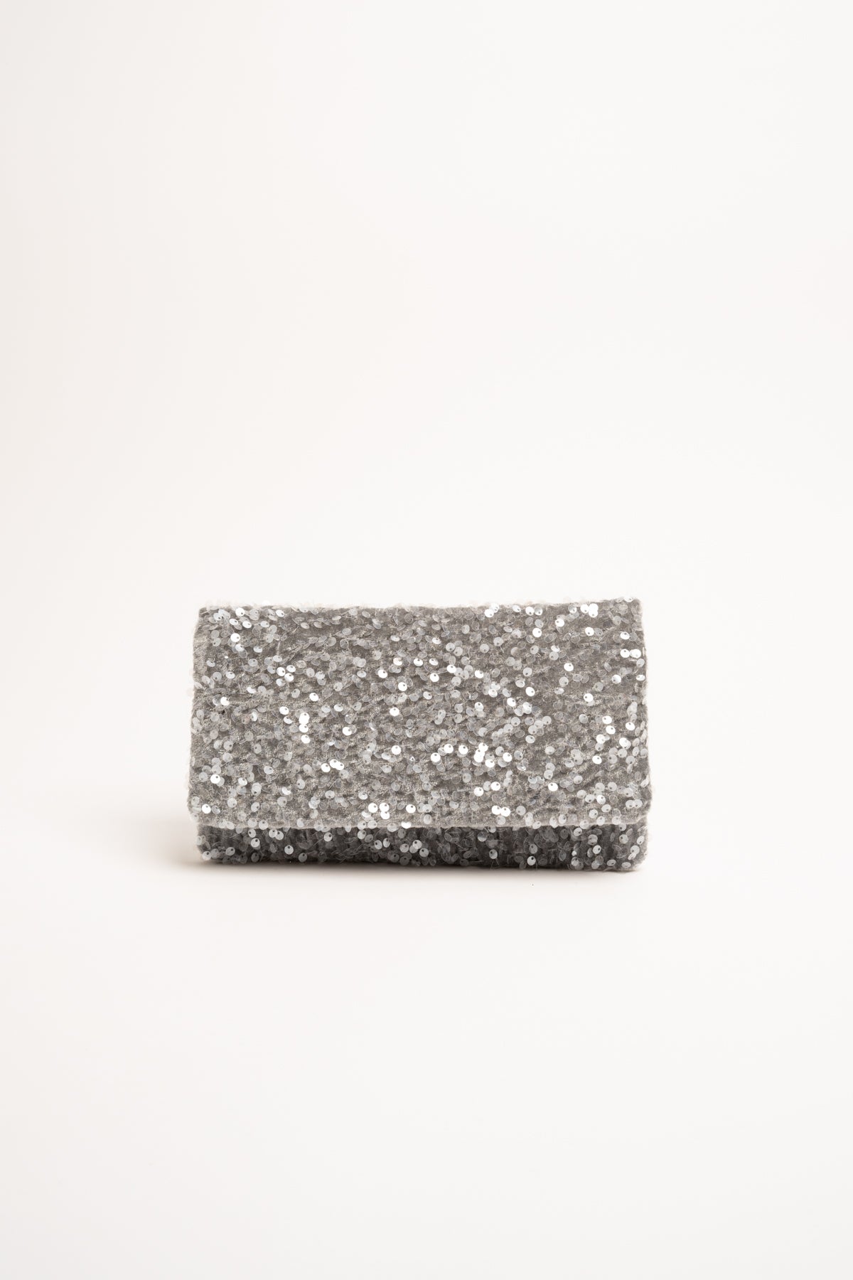 Pochette argento con paillettes e patta