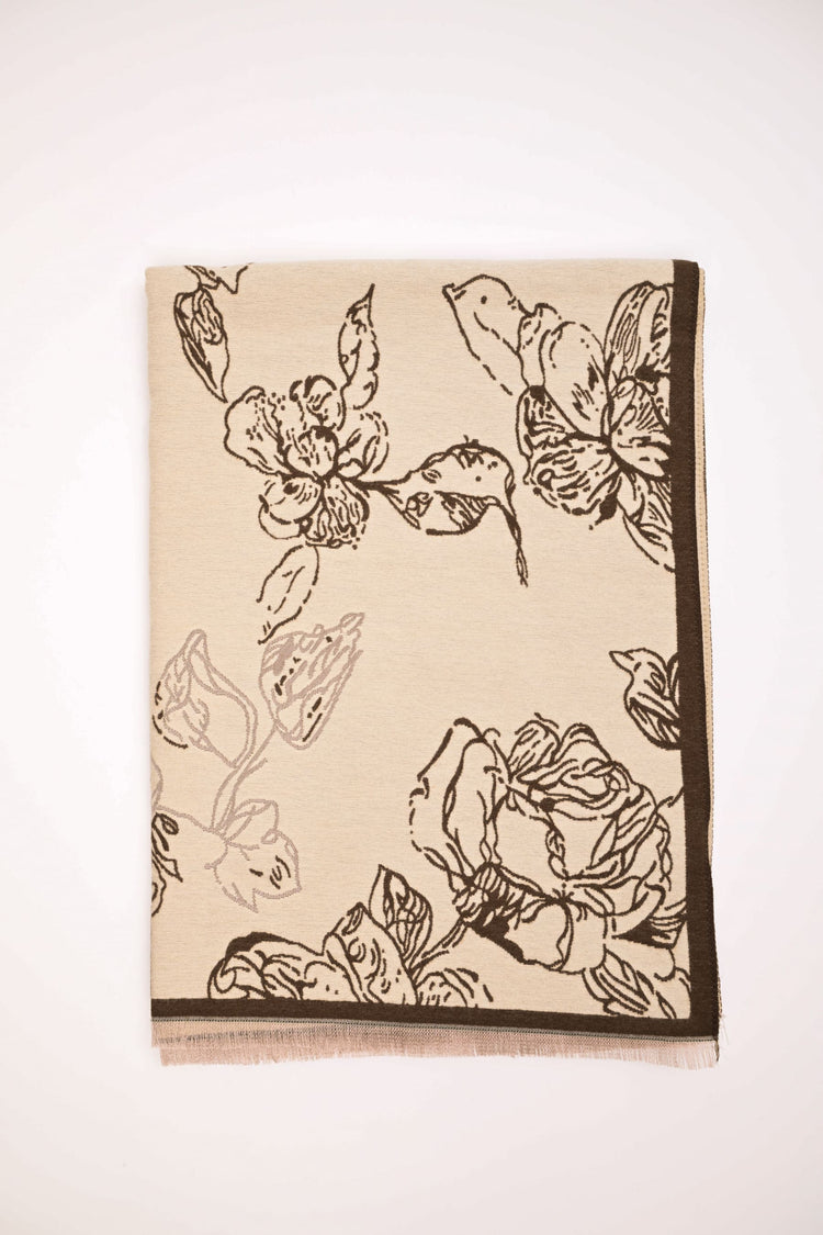 Sciarpa beige con fiori marroni e frange